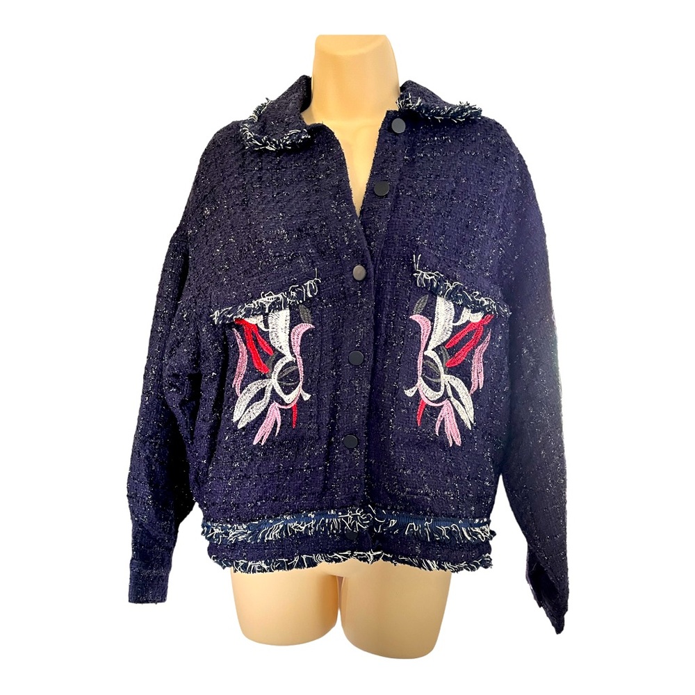 Anthropologie Foxiedox Embroidered Sequin Navy Tweed Jacket Size S NWT - Picture 3 of 13